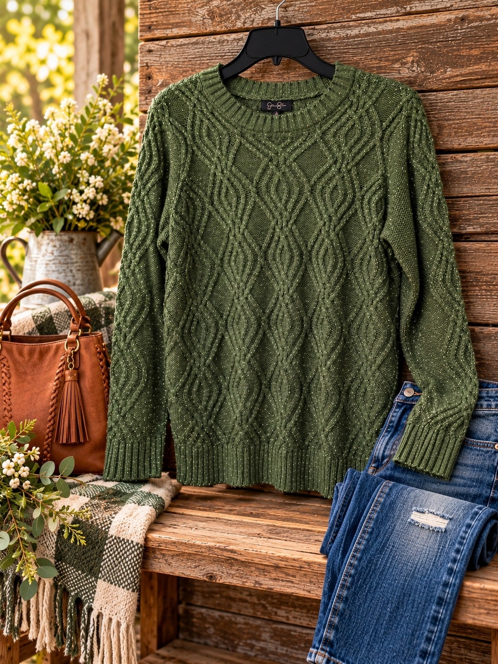 Jessica Simpson NWT Women’s 2X Olive Green Cable Knit Shimmer Sweater